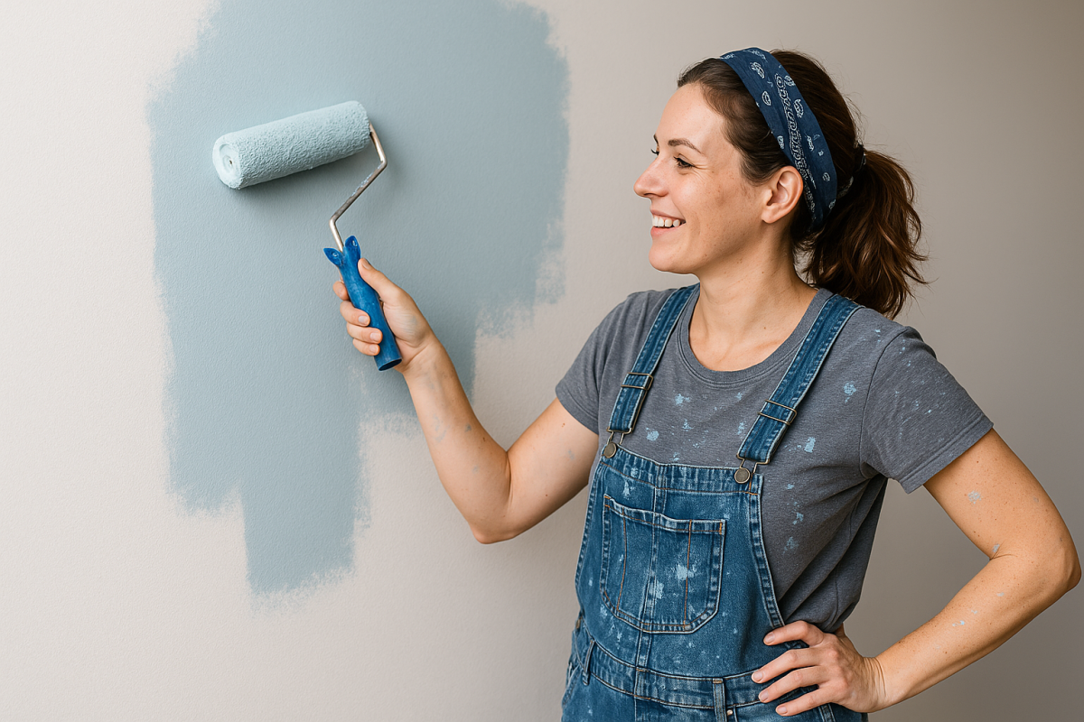 Kobieta malująca wałkiem ścianę na kolor niebieski