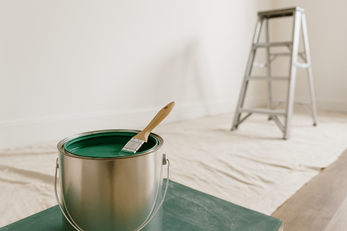 Puszka zielonej farby z pędzlem i drabiną w tle