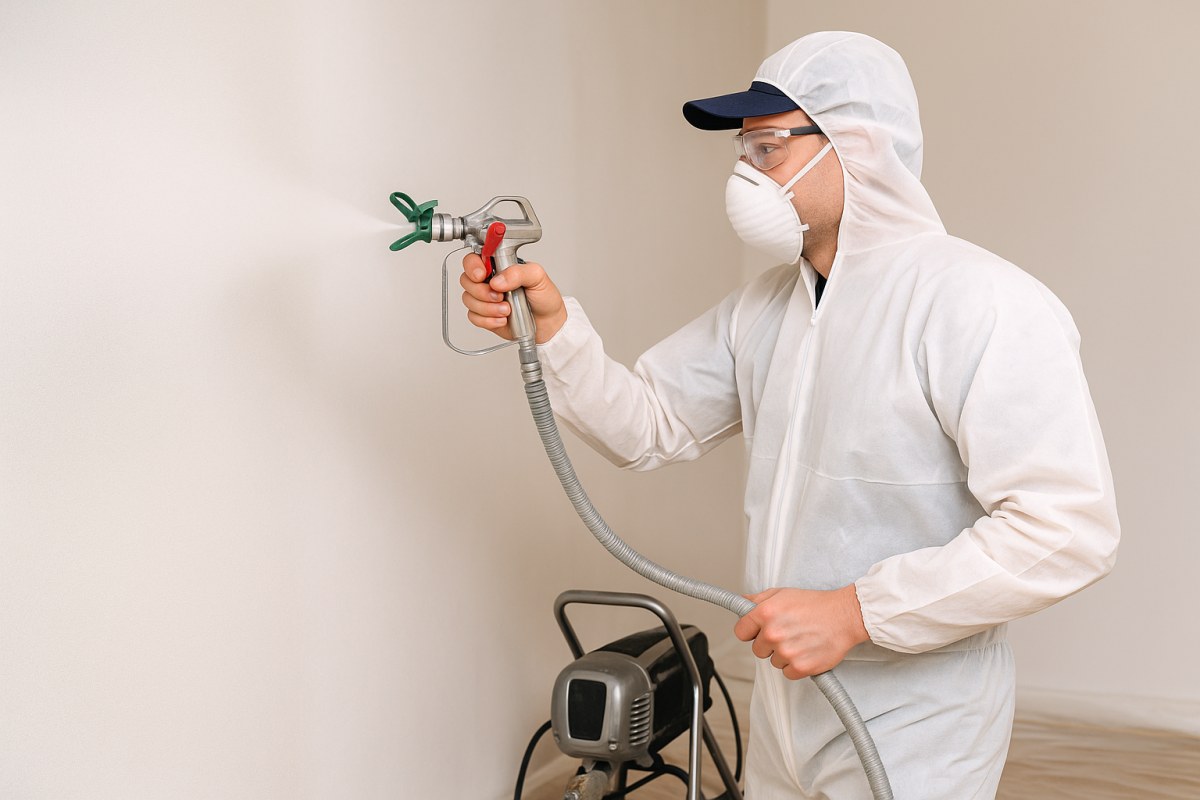 Użytkownik w stroju ochronnym maluje agregatem ścianę