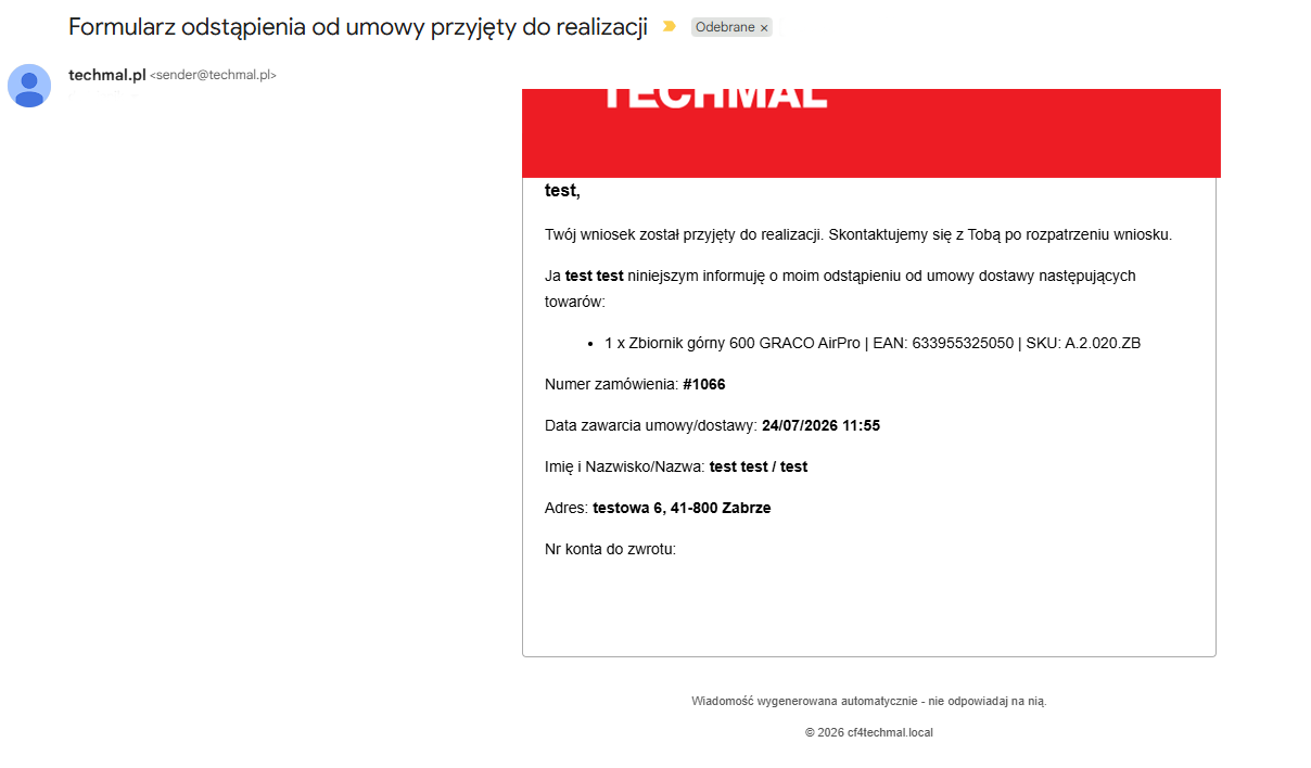 Wiadomość email potwierdzająca zwrot