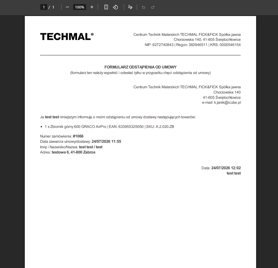 Dokument PDF potwierdzenia zwrotu