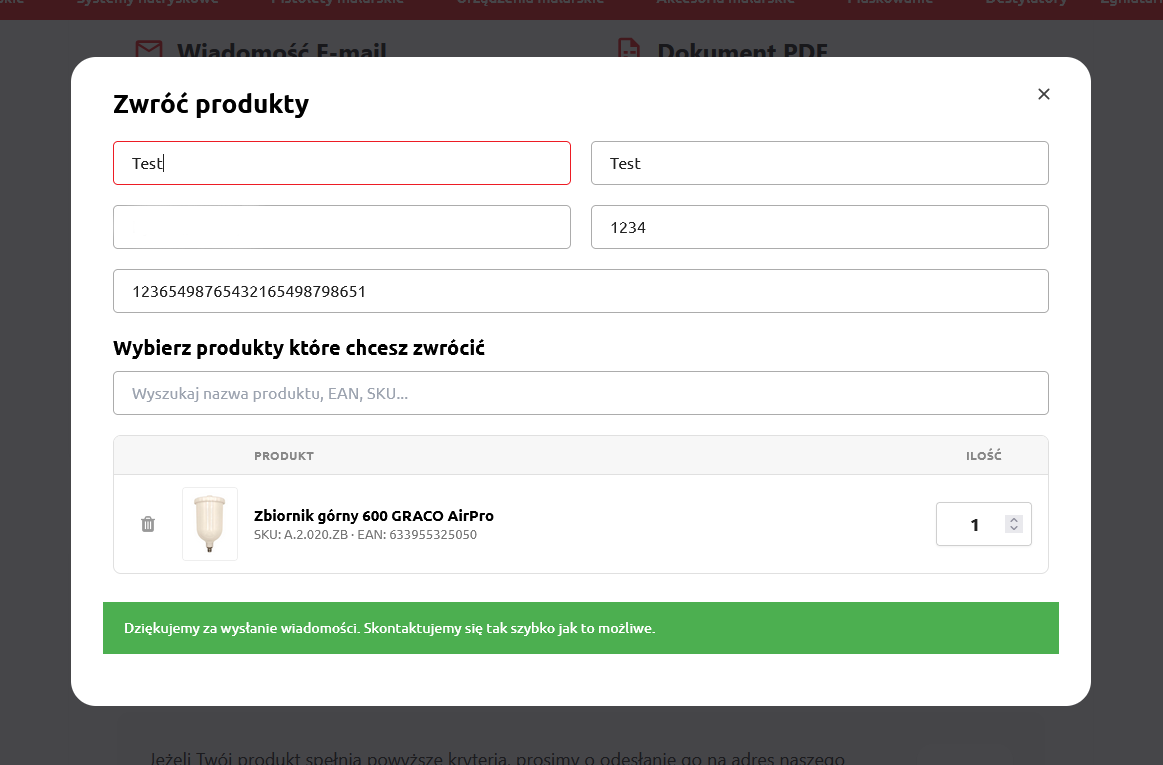 Uniwersalny formularz zwrotu modal